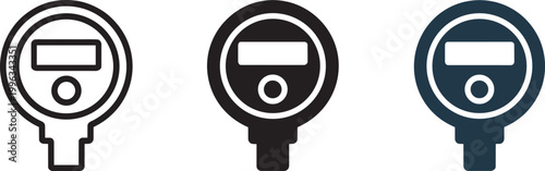 Pressure gauge manometer icons set showing measurement with digital display in outline and solid flat