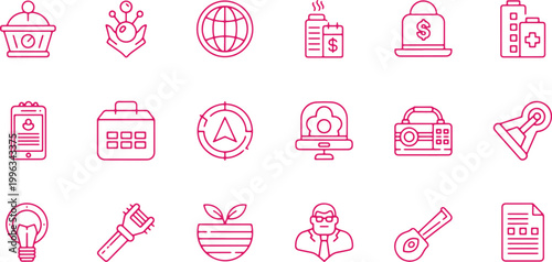 Business and technology icons for finance, planning, communication, ideas, and innovation concepts.