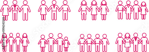 Diverse groups of people figures in pink line art, representing community and family units.
