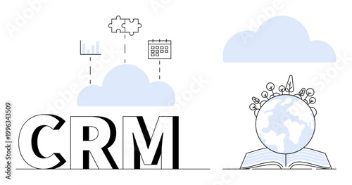 Business management, data analytics, education, cloud integration, productivity tools, global solutions. CRM text with data icons, puzzle calendar and globe with book. Business management and data