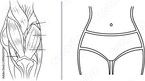 Anatomical illustration of human leg muscles and female torso outline isolated on white background