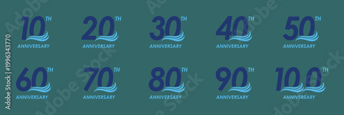 Collection of numbers 10 to 100 Anniversary logo design. ocean wave logo concept