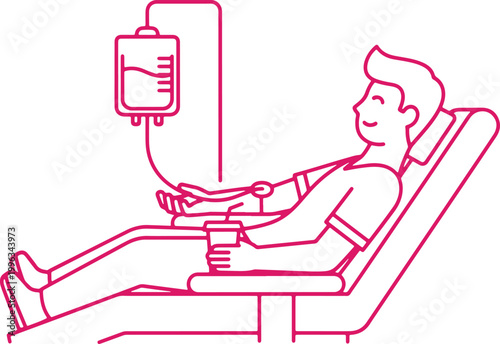 Patient donating blood in medical chair with IV drip bag and tubes.