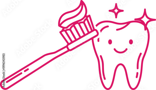 Happy smiling tooth with toothbrush and toothpaste sparkling clean.