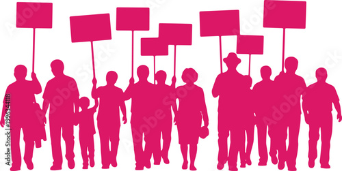 Protest crowd people holding signs demonstration activism pink silhouette.
