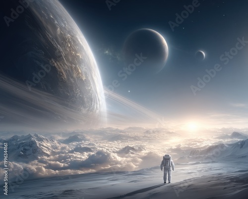 Astronaut exploring surreal alien world above clouds