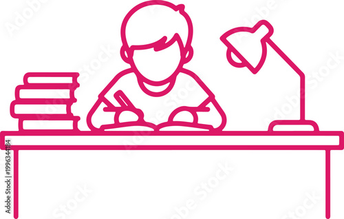 Student studying at desk with books and lamp pink outline education theme.