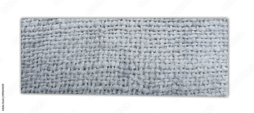 Fototapeta premium Light grey horizontal rectangular strip of woven sack texture material isolated on a white background.