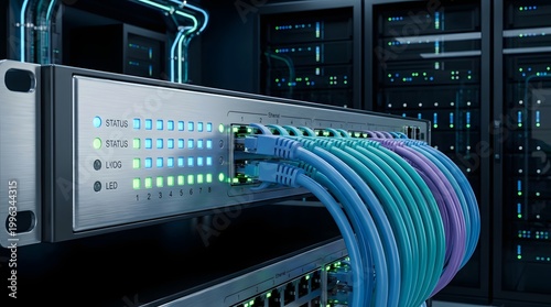 Modern data center network switch with multiple connected Ethernet cables
