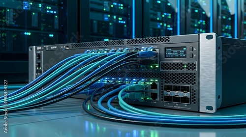 Modern data center network switch with multiple connected Ethernet cables