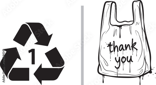 Recycling symbol with number one and plastic shopping bag vector illustration isolated on white background