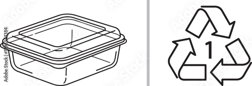 Plastic food container with lid and PET 1 recycling symbol vector line art isolated on white background