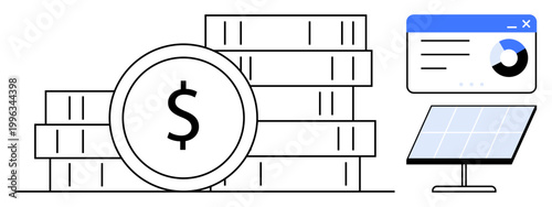 Sustainable finance, renewable energy, monetary investment, economic strategies, green technology, data insights. Stacked coins, solar panel and graph on a dashboard. Renewable energy and finance