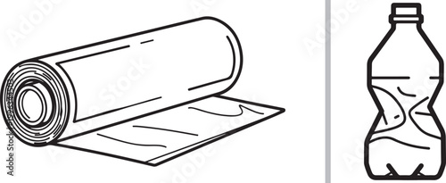 Recycling icons of plastic roll and crushed water bottle line art vector isolated on white background