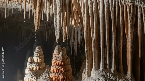 Intricate natural rock formations, stalactites hanging from ceiling and stalagmites rising from floor in a mysterious subterranean cave.