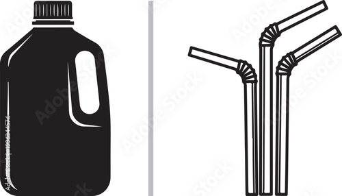 Plastic bottle and drinking straws vector icons representing single use plastic waste isolated on white background
