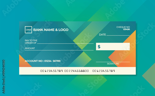 Blank bank check. Checkbook cheque template. Checkbook cheque template with colorful theme. Money payment voucher or pay cash cheque certificate.