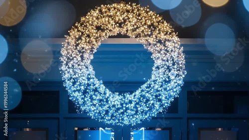 Large glowing decorative light ring in golden and blue colors, with festive bokeh lights in the background at night.