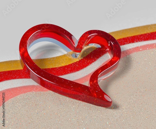 Red glass heart shape on sandy beach with colorful stripe background bright sunlight playful summer mood Concept of love and happiness