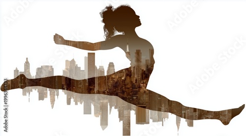Young athletic woman silhouette performing split jump against modern city skyline with warm tones clean background and dynamic motion fitness energy Concept of active lifestyle