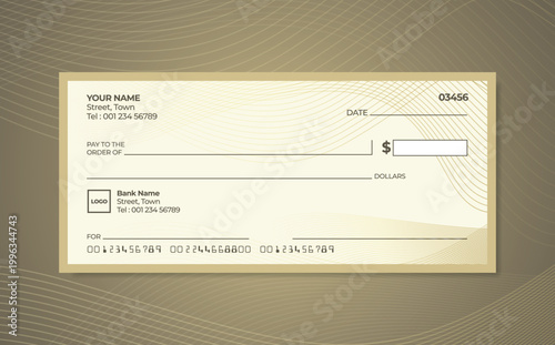 Blank bank check. Checkbook cheque template. Checkbook cheque template with brown theme. Money payment voucher or pay cash cheque certificate.