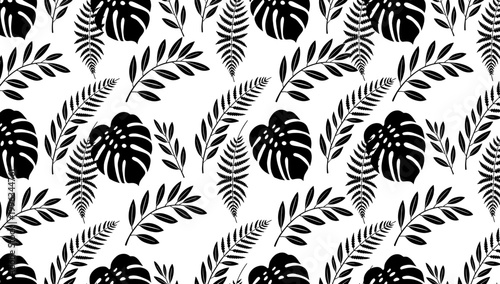 A striking black and white botanical pattern creates a modern, minimalist aesthetic. Ideal for backgrounds, web design, or print projects seeking a na