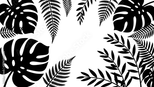 A striking black and white abstract image featuring a Monstera leaf.  Perfect for backgrounds, website design, or adding a natural, modern touch to br