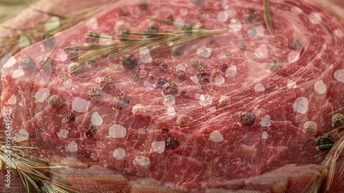 Raw ribeye beef steak seasoned with salt, pepper and fresh rosemary on a wooden board, gourmet meat preparation.