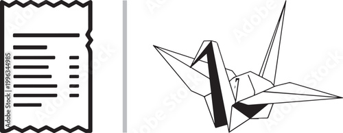 Minimalist vector illustration of a paper receipt transforming into an origami crane isolated on white background