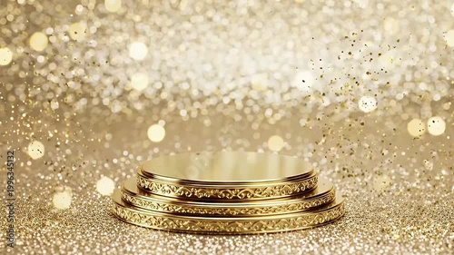 Shiny golden tiered display stand on sparkling glitter background with bokeh lights, premium presentation