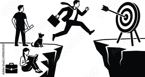 Flat design businessman leaping with briefcase over chasm toward bullseye target with spectators