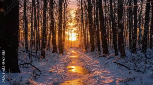 Scenic winter forest at sunset with orange light reflecting on snowy path, peaceful woodland landscape.