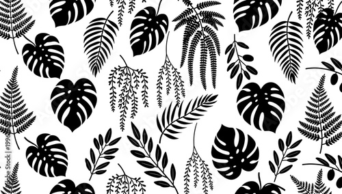 A minimalist black and white pattern featuring tropical leaves, offering a calming and organic aesthetic. Ideal for backgrounds, branding, or decorati