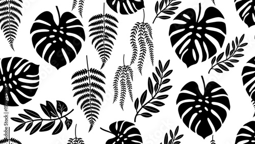 A minimalist, high-contrast image featuring tropical leaf silhouettes. Perfect for backgrounds, nature-inspired designs, or conveying a fresh, calming