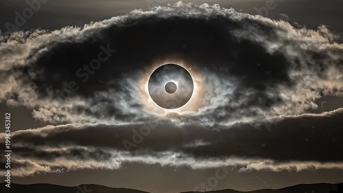 Solar eclipse with sun obscured by moon behind dark clouds, dramatic atmospheric celestial event in the sky.