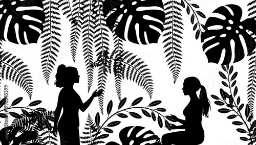 A striking black and white composition of tropical foliage. Ideal for adding an exotic touch to wellness, travel, or nature-inspired designs and layou