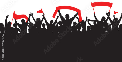 Crowd Silhouette of Cheering Fans with Red Banners and Flags Sports Event or Concert winner group vector