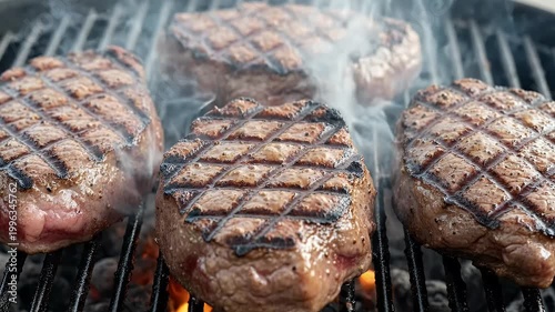 Thick beef steaks sizzling on a hot barbecue grill, with smoke rising and flames visible, perfect grill marks developing.