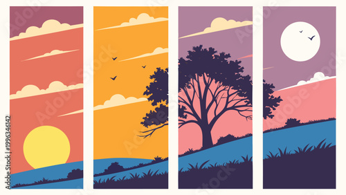 Vector illustration of four vertical landscape panels depicting different times of day from sunrise to moonrise