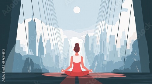 Silhouette of woman meditating in lotus pose on bridge overlooking futuristic city skyline calm blue tones Concept of mindfulness and balance
