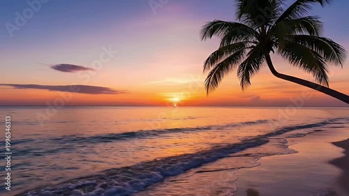 Vibrant tropical sunset over calm ocean waves on a sandy beach with a leaning palm tree, tranquil seascape