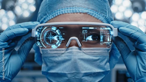 This captures a medical professional preparing for a surgical procedure in a state-of-the-art operating room. The individual is dressed in blue scrubs and protective gear, emphasizing the importance
