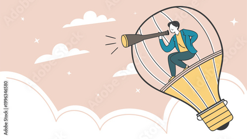 Vector illustration of professional character in lightbulb balloon searching with telescope for new business ideas