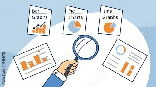 Vector illustration of business person hand holding magnifying glass analyzing financial charts and data reports