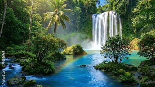 Beautiful tropical waterfall cascading into a turquoise lagoon with a rainbow in a lush jungle, scenic nature landscape