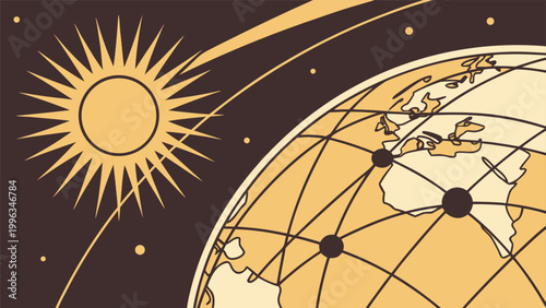 Vector illustration of earth globe with network connection lines and shining sun in dark space with comet streak