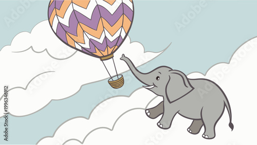 Vector illustration of a cute elephant on clouds reaching for a colorful hot air balloon in a dream sky