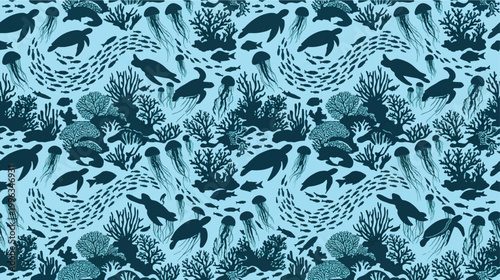 Sea turtles and jellyfish swim through a dense coral reef in this aquatic pattern.