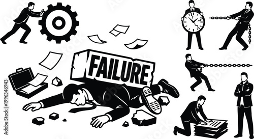 Black and white vector showing crushed failure block pinning businessman amid papers and gears