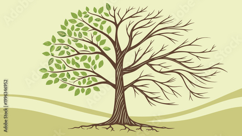Vector illustration of a tree showing the contrast between a healthy leafed side and a dead bare branch side